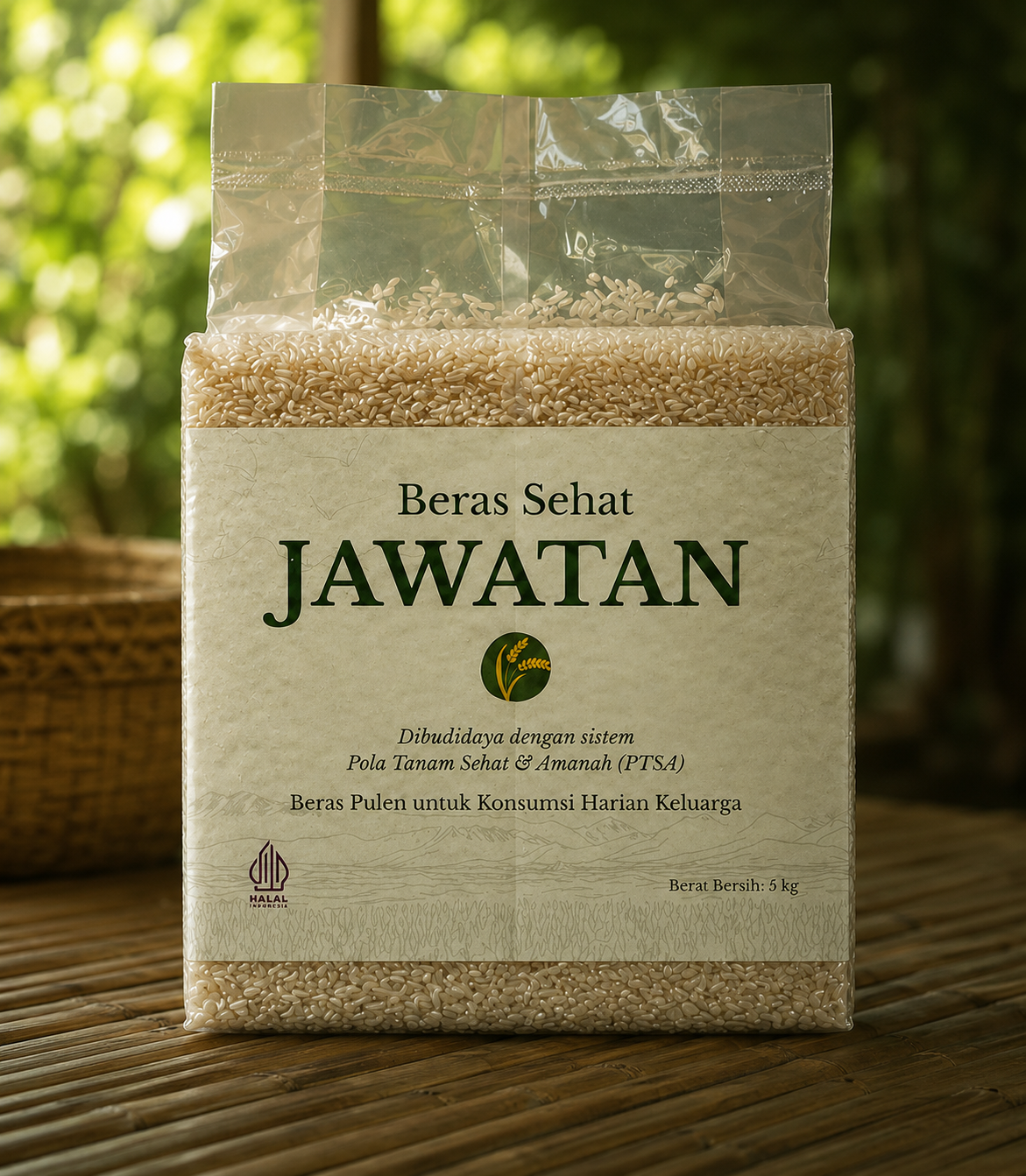 Beras Sehat Jawatan di atas meja bambu