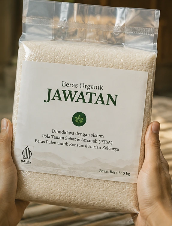 Beras Organik Jawatan dipegang dengan dua tangan